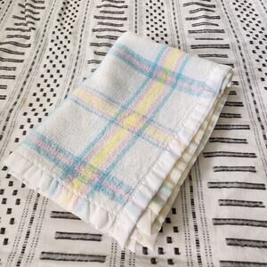 Vintage Pastel Plaid Baby Blanket Nylon Trim Acrylic WPL 1675 Pink Yellow 47x35